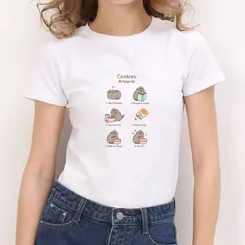 2021 Тениска с Къс ръкав и шарките от карикатура, Ежедневни Бели Тениски, Дамски тениски Kawaii Camisas, Тениска С Къс ръкав, Тениска с изображение Kawaii За Жени