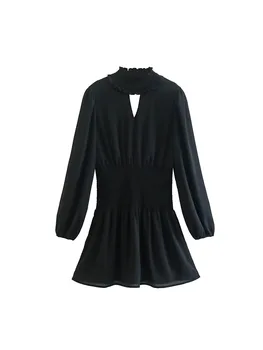 2022 есен женски ново модно рокля с висока яка на гърдите, с еластична гумена лента за кръста, приталенное и черна рокля с дълги ръкави 18