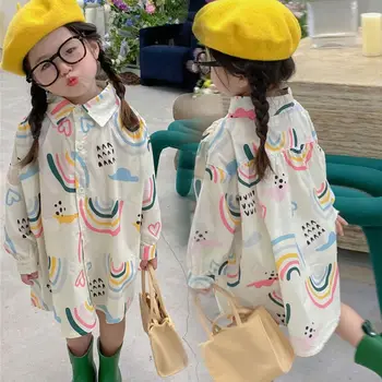 2022 Есен Нова Рокля За Момичета, Корейската Версия, Свободна Риза с Дълги Ръкави и Копчета, части за Деца от 3-8 Години
