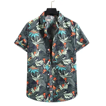 2022 Лятна Риза За Мъжете, Удобни Тъканни Ризи С Къс Ръкав, Плажна Риза с Цветен Модел, Хавайски Мъжка Риза С Висока Воротом, ризата homme