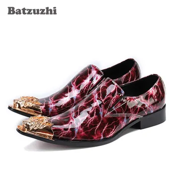 Batzuzhi/мъжки обувки с остър златен Метален Връх, обувки от естествена Кожа, мъжки Вино-червено обувки с Модел Цип, мъжки обувки за партита и сватби