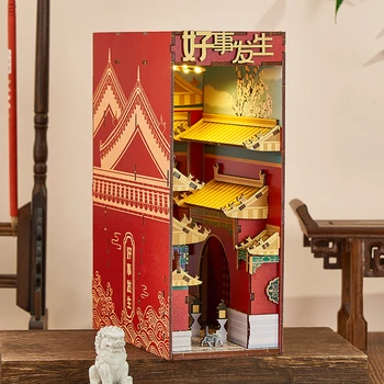 DIY Wooden Книжен Ъгъл Полк Поставяне Комплекти Китайски Дворец Сградата на лавица за книги Миниатюрни Куклени Къщи Поставка За Книги, Играчки, Подаръци За Приятели