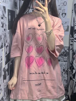 Женска Тениска Deeptown, графична тениска Kawaii Момиче, Тениски с Къс ръкав и Сладки Принтом във формата на Сърце, Летни Блузи в стил Харадзюку, Дамски дрехи 2022