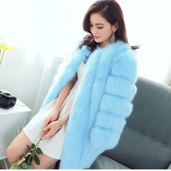 Изкуствена кожа от лисьего кожа, нова мода палто със средна дължина, в корейски стил, дамско палто,