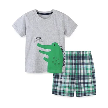 Комплект дрехи за момчета, Лятна детска тениска + Шорти, Блузи с къс ръкав и модел на Динозавър от анимационен герой, костюм с къси штанами в клетката