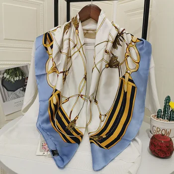 Нов европейски и американски стил слънцезащитен крем пискюл верига райета модел голям квадратен шал 90 см копринен шал шал