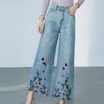 Разкроена дънки с бродерия и висока талия, женски стрейчевые широки дънкови панталони за жени 21