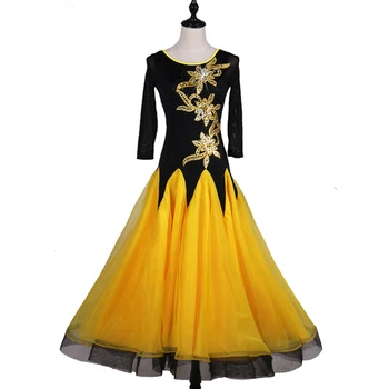 Рокля за балните танци съвременно танцово рокля с аппликацией в стил мозайка жълто сетчатое расклешенное рокля с подолом и ръкав в дължина 3/4
